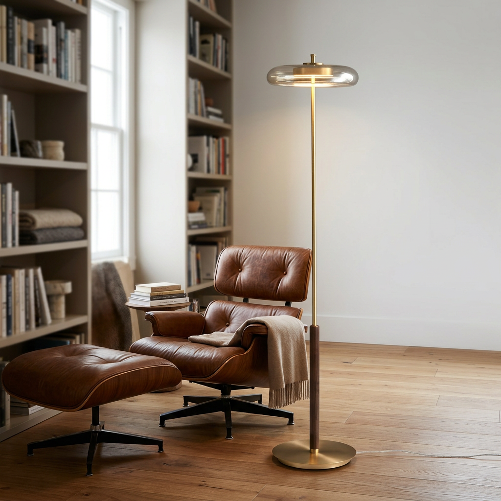 Lámpara de pie LED Nimara de cristal y latón – luz cálida junto a una butaca de cuero