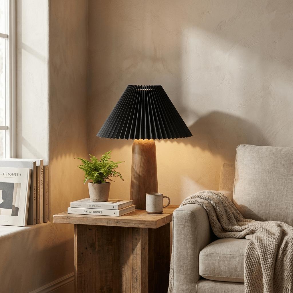 Lámpara de mesa con pantalla plisada Hilveta – pantalla plisada negra en un salón