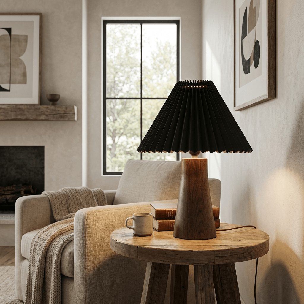 Lámpara de mesa con pantalla plisada Hilveta sobre una mesa auxiliar de madera – imagen 9