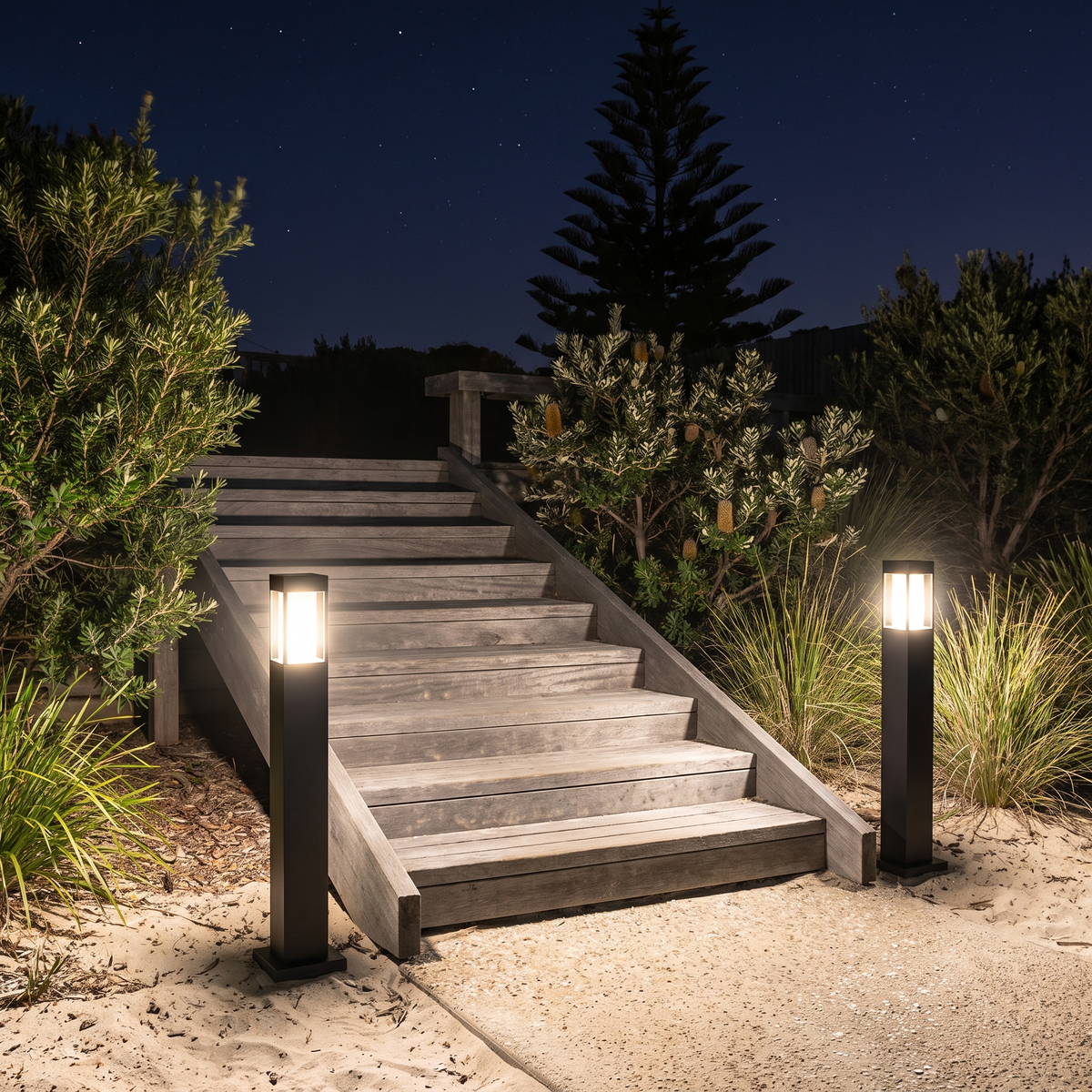 Baliza de jardín LED Ikora – a ambos lados de una escalera exterior