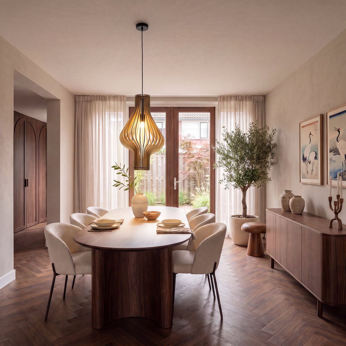 Lámpara colgante de madera Arbela sobre una mesa de comedor – imagen 5