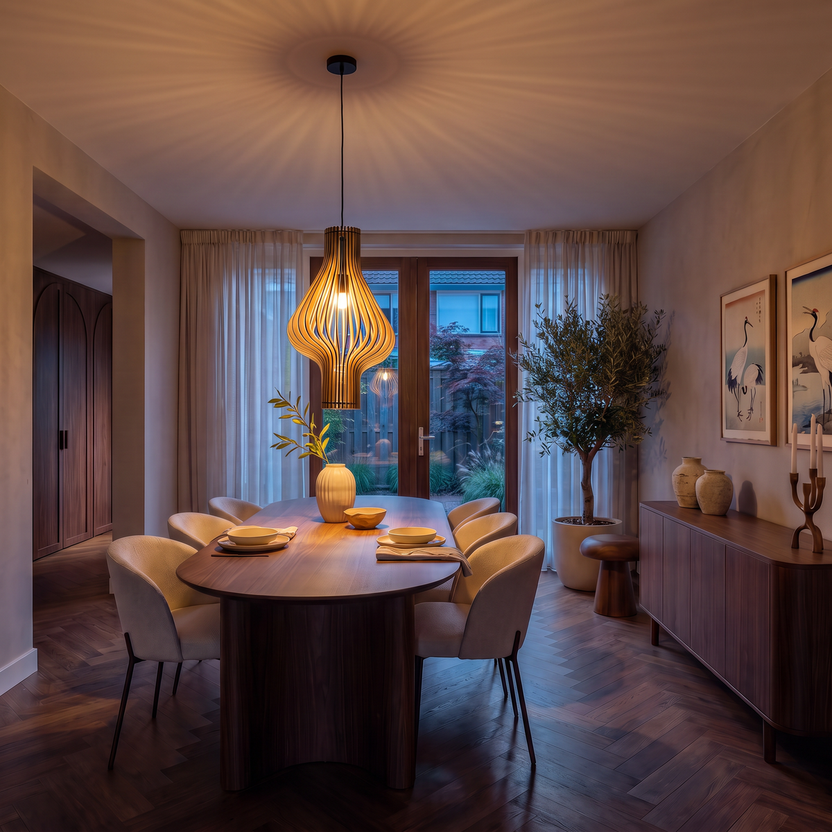 Lámpara colgante de madera Arbela sobre una mesa de comedor – imagen 6