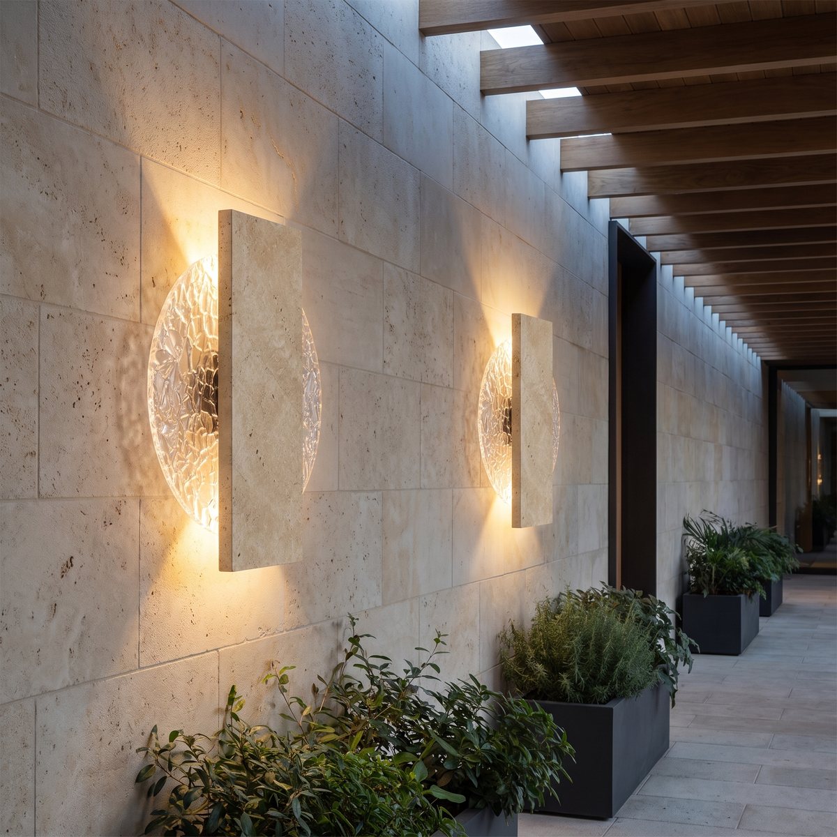 Aplique de pared exterior de travertino Jilvana – apliques a lo largo de un pasillo exterior