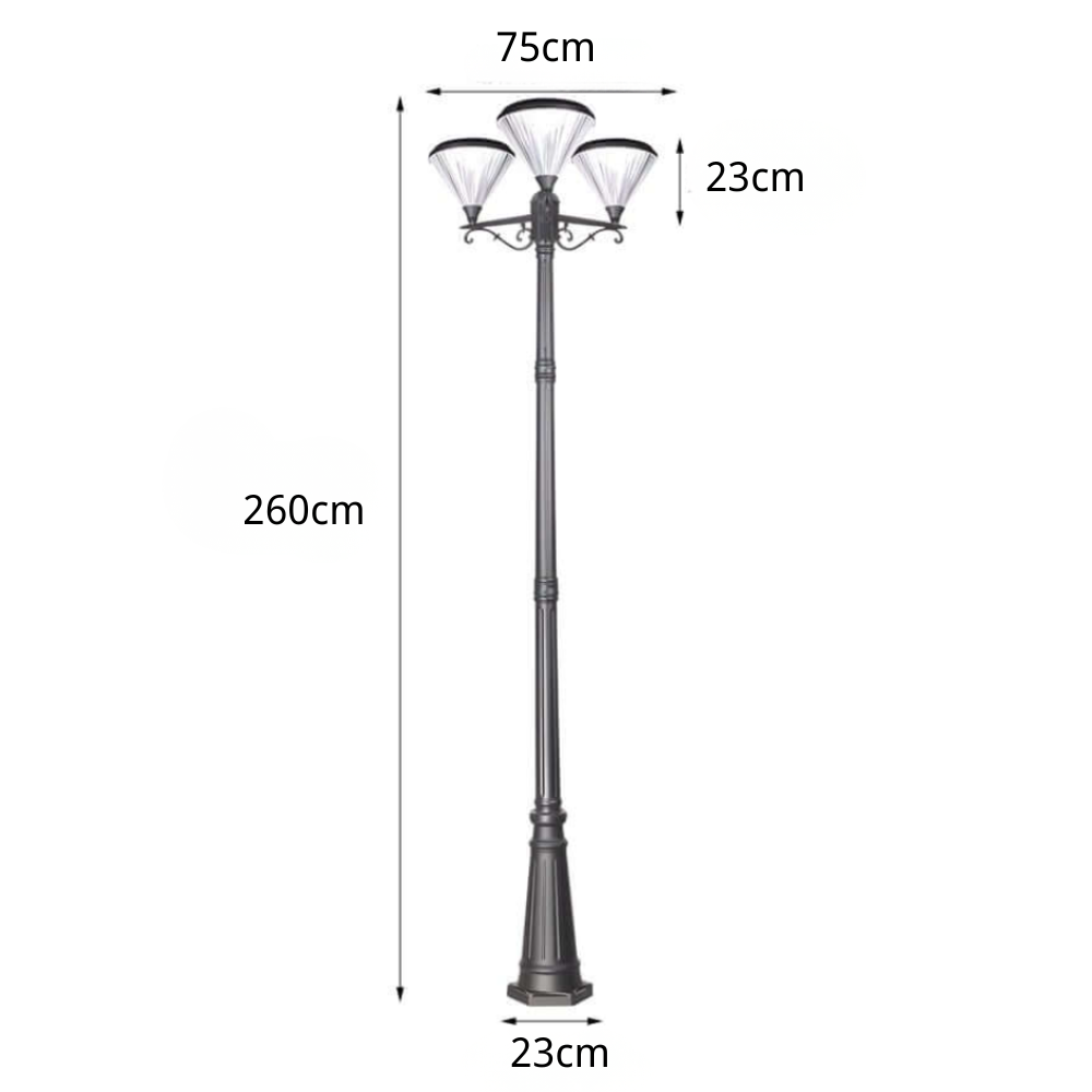 Farola solar de jardín Iranza – medidas de 260 cm de alto y 75 cm de ancho