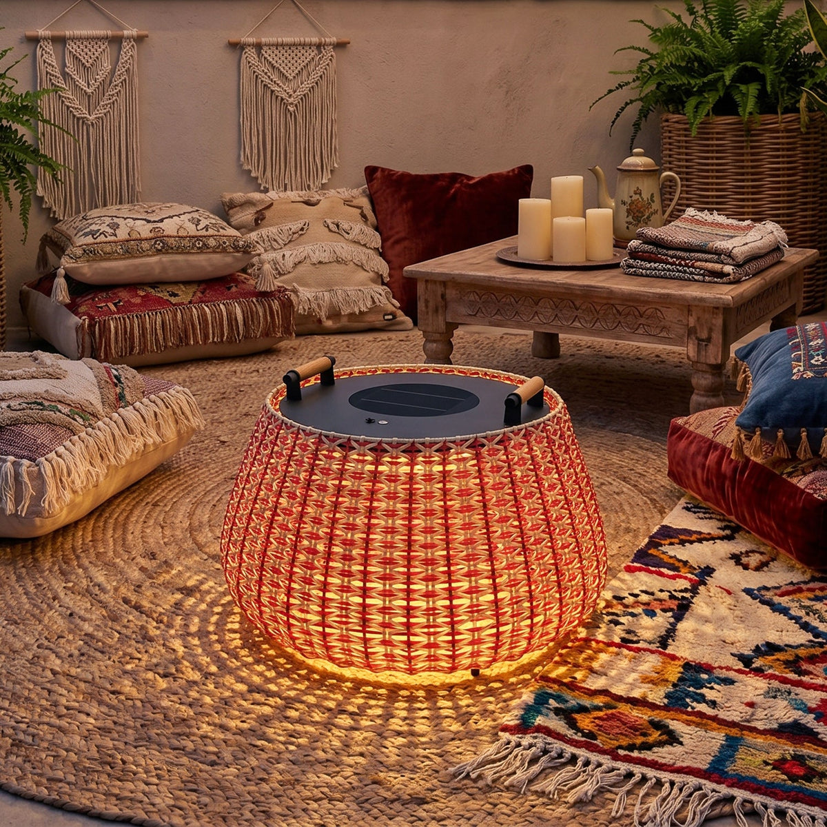 Farol de suelo solar Jalesca – en un salón de inspiración bohemia