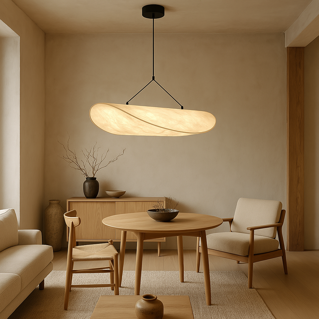 Lámpara colgante de seda Nubela sobre una mesa de comedor japandi – imagen 8