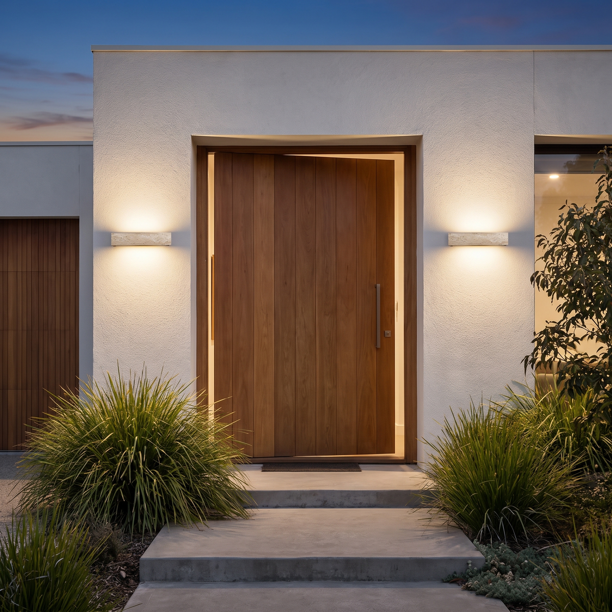 Aplique de pared exterior de travertino Jilisa – a ambos lados de la puerta de entrada