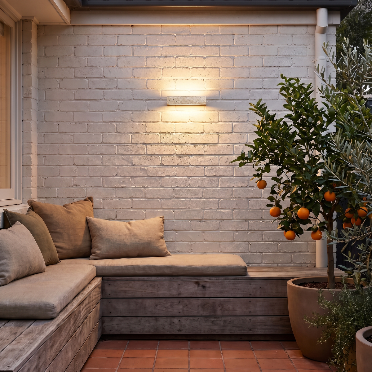 Aplique de pared exterior de travertino Jilisa – sobre un banco en un patio de ladrillo