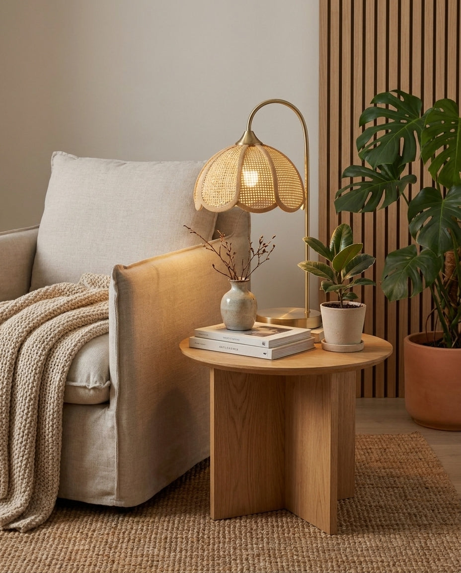 Lámpara de mesa de ratán Juncora – en una cómoda de madera con decoración natural