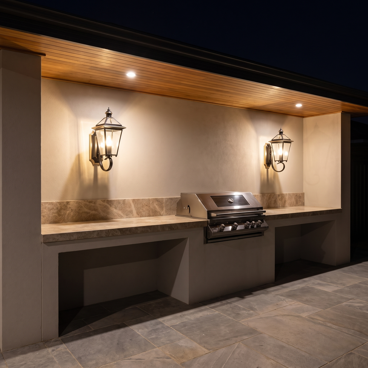 Farol de pared exterior Karela – negro en una cocina exterior