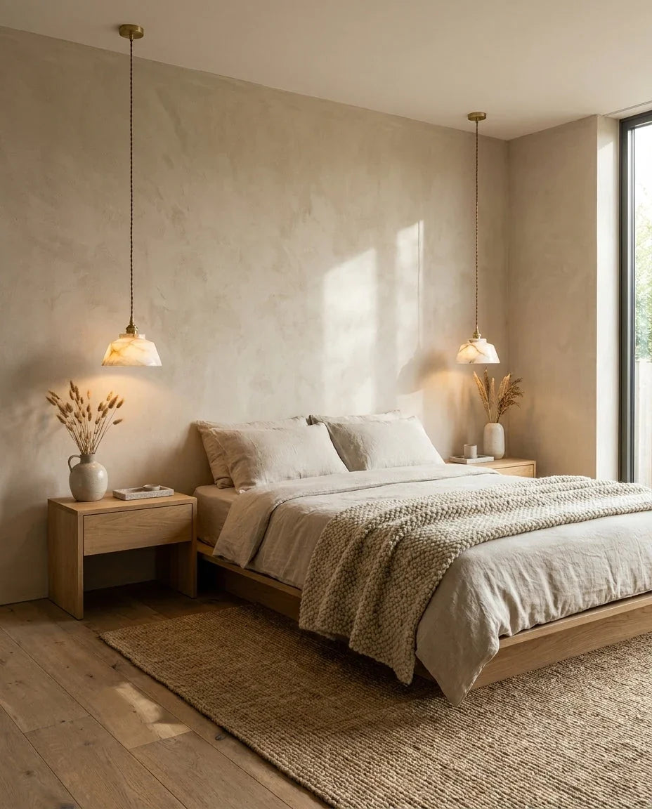Lámpara colgante de alabastro Alvena – junto a la cama en un dormitorio sereno