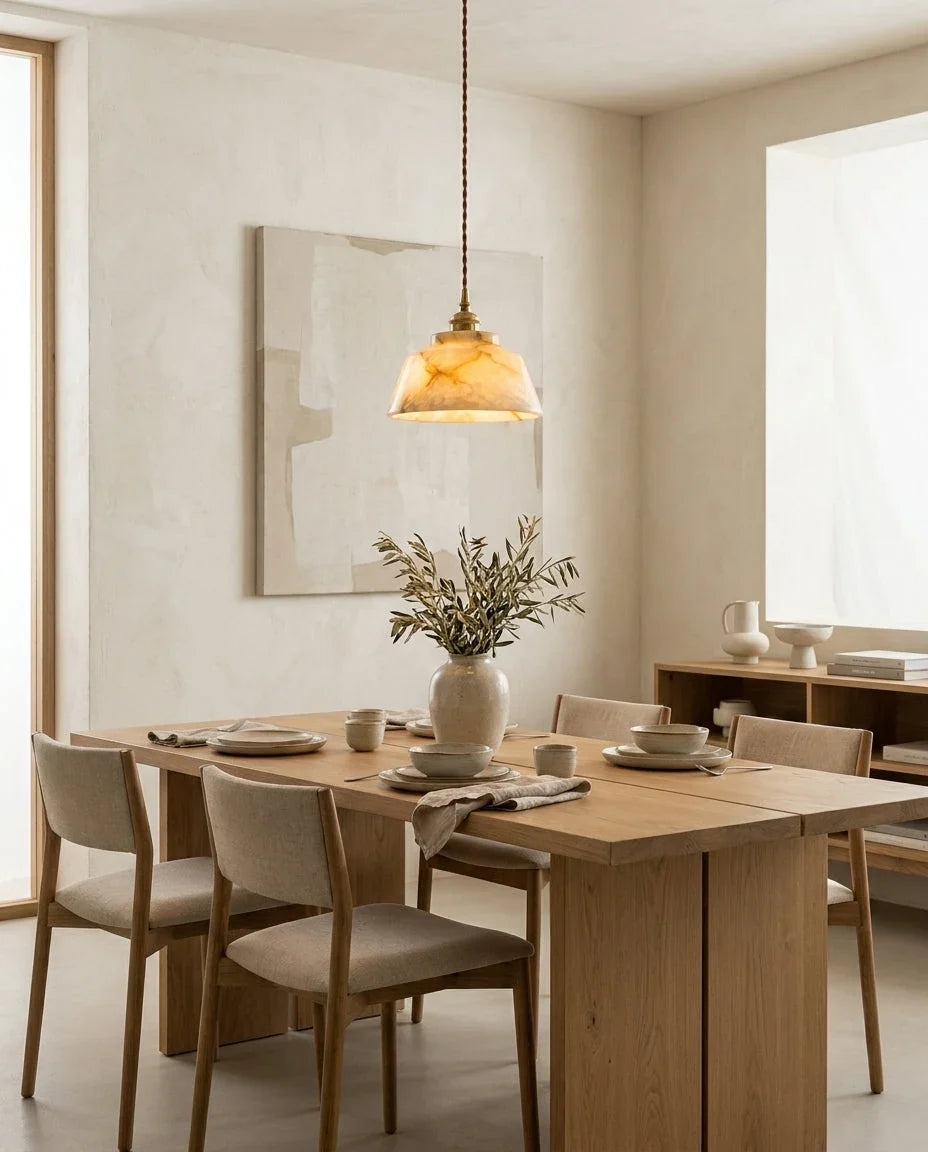 Lámpara colgante de alabastro Alvena – sobre una mesa de comedor de madera