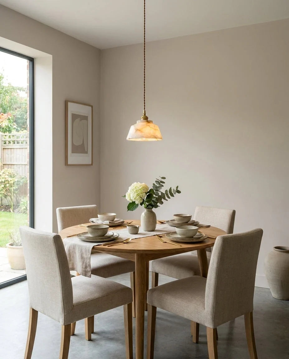 Lámpara colgante de alabastro Alvena – sobre un comedor luminoso
