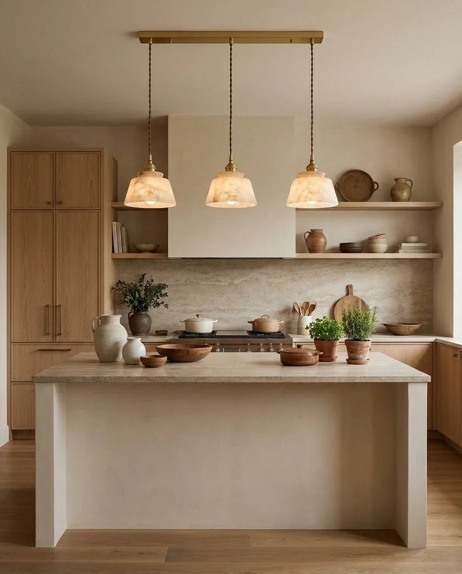 Lámpara colgante de alabastro Alvena – versión de 3 luces en una cocina clara
