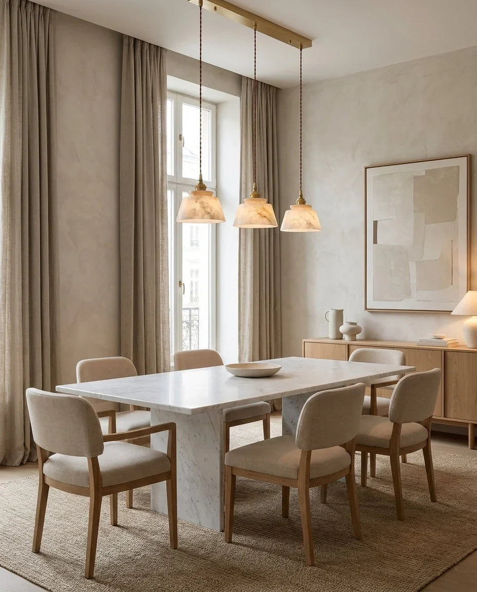 Lámpara colgante de alabastro Alvena – versión de 3 luces en un comedor amplio