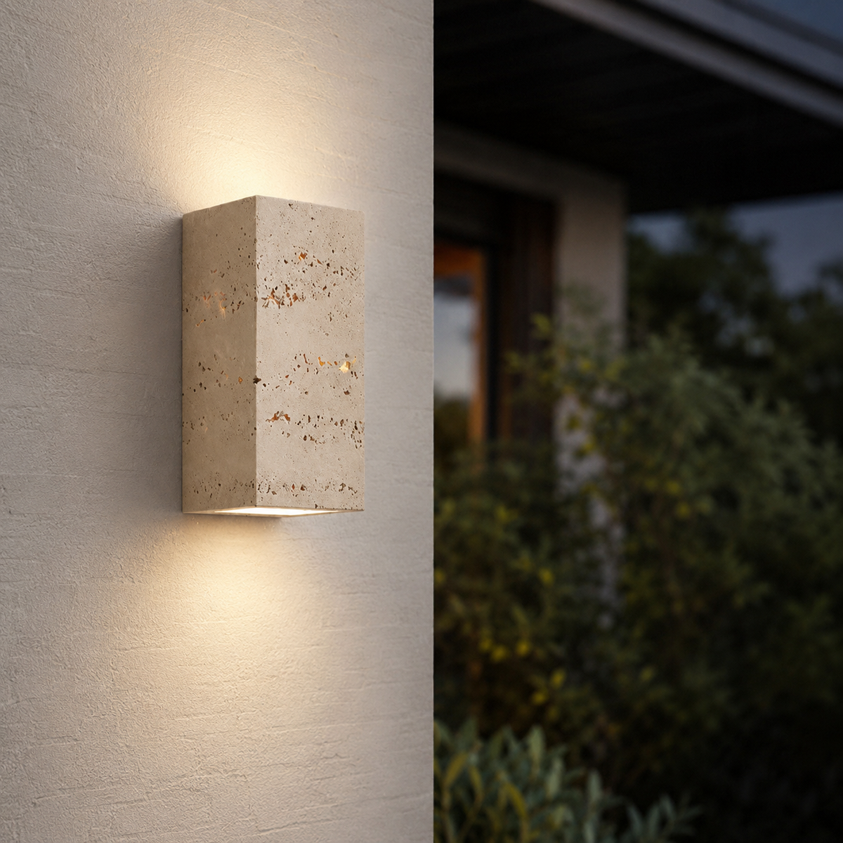 Aplique de pared exterior Kopala de travertino – versión rectangular con luz arriba y abajo