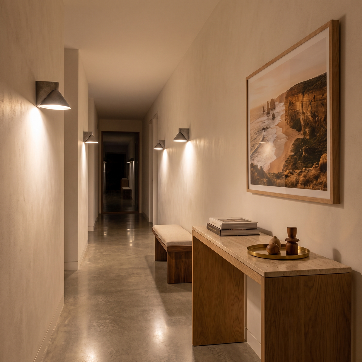 Aplique de pared LED Xaferra de hierro forjado – en fila a lo largo de un pasillo