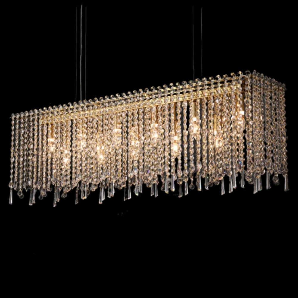 Lámpara colgante lineal de cristal Cascala – encendida vista frontal