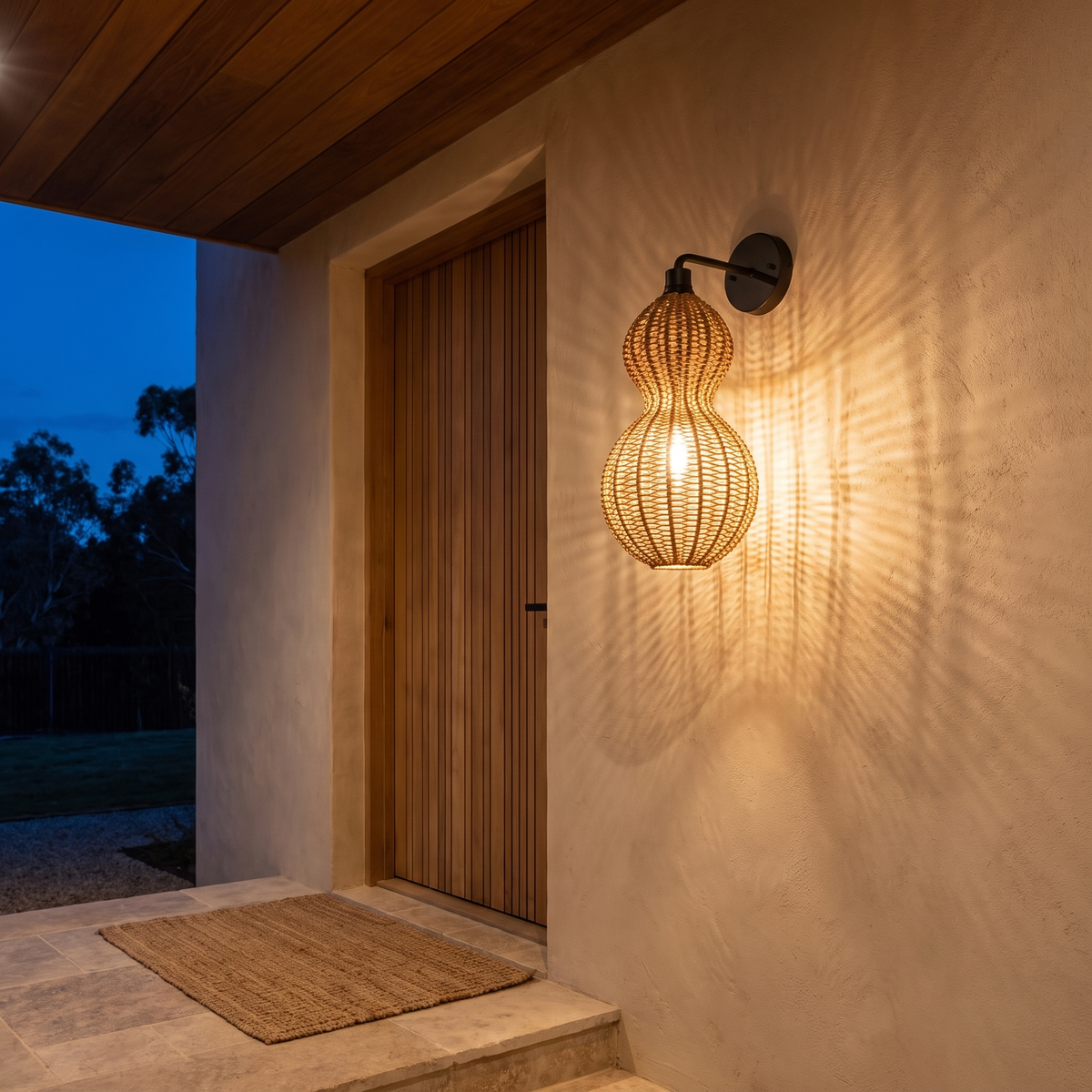 Lámpara de ratán exterior Lagena – aplique natural junto a la puerta