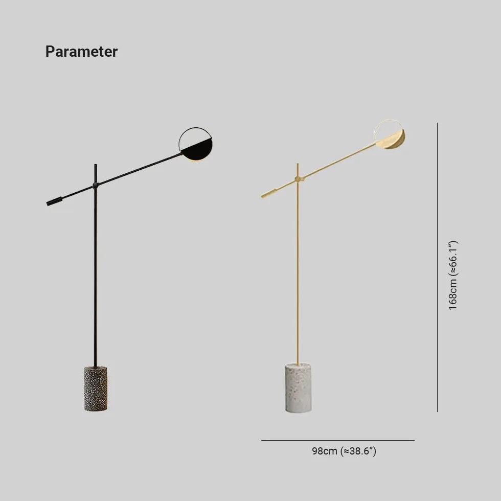 Lámpara de pie con brazo basculante y base de terrazo Dorvela – con medidas en negro y dorado