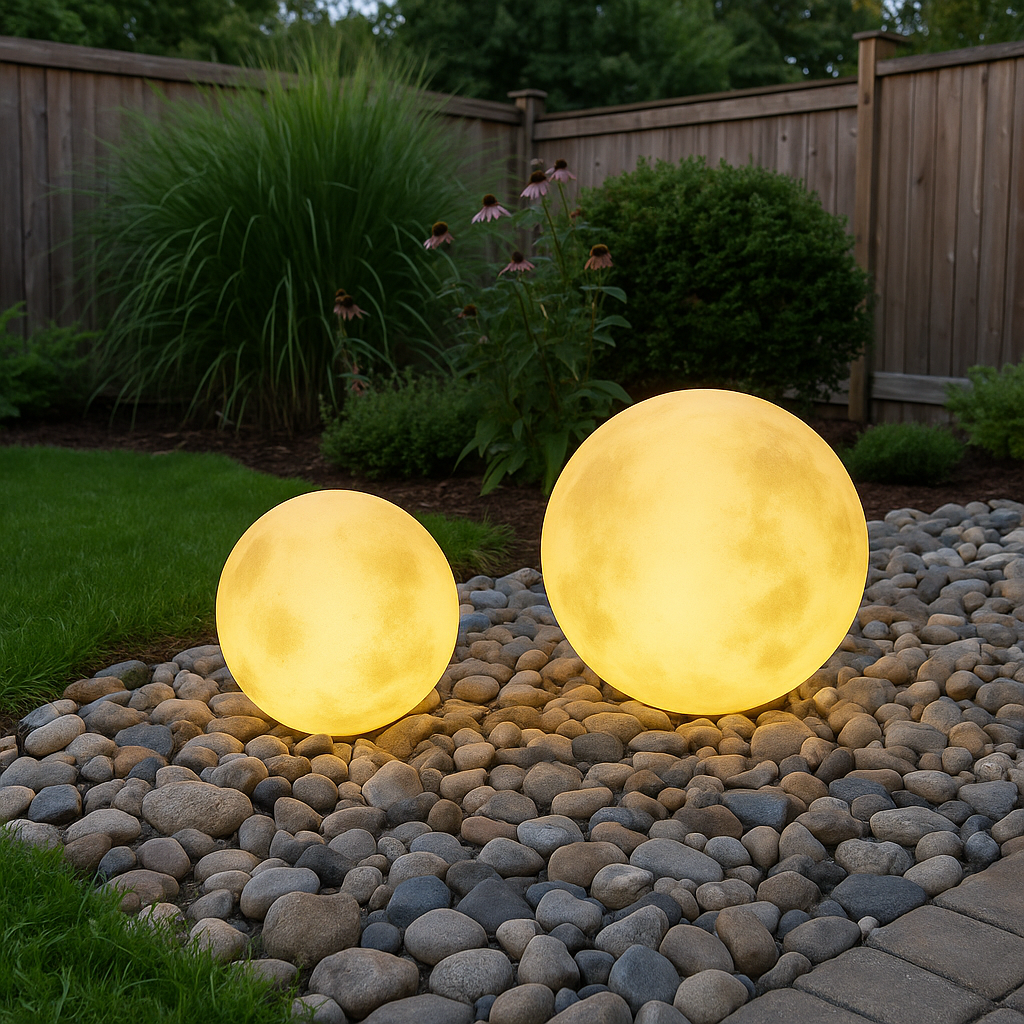 Lámpara luna LED para jardín Selene iluminando el jardín de noche – imagen 2