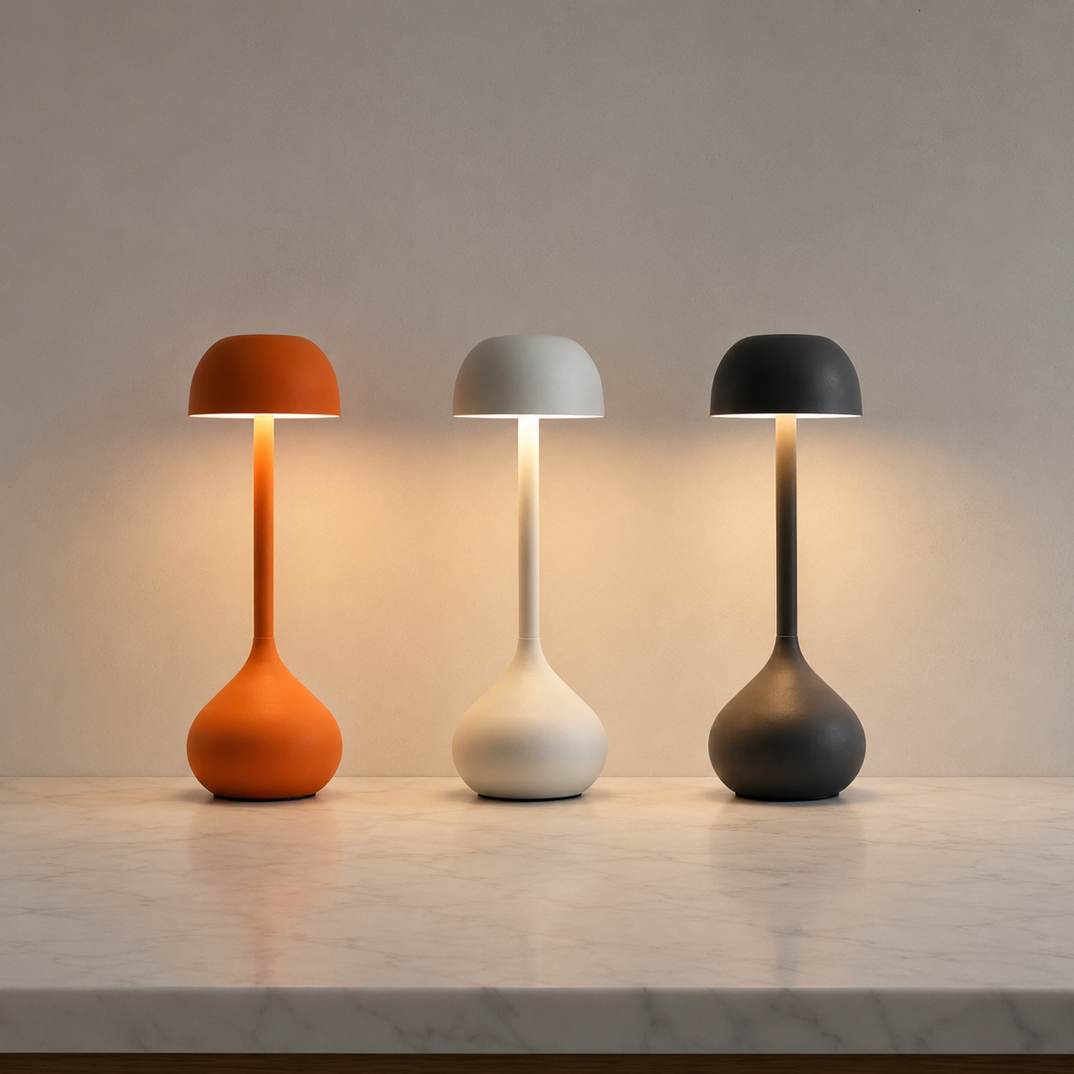 Lámpara de mesa LED recargable Dagota – tres colores encendidas
