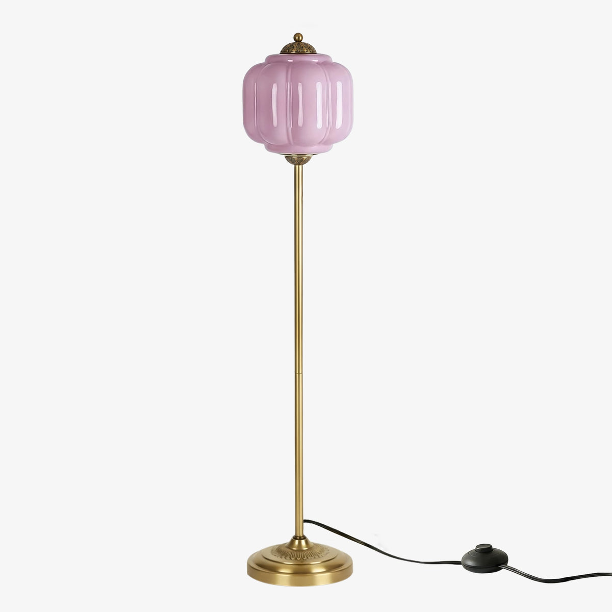 Lámpara de pie retro Tuliana – cristal lavanda y acabado latón, pantalla de 25 cm