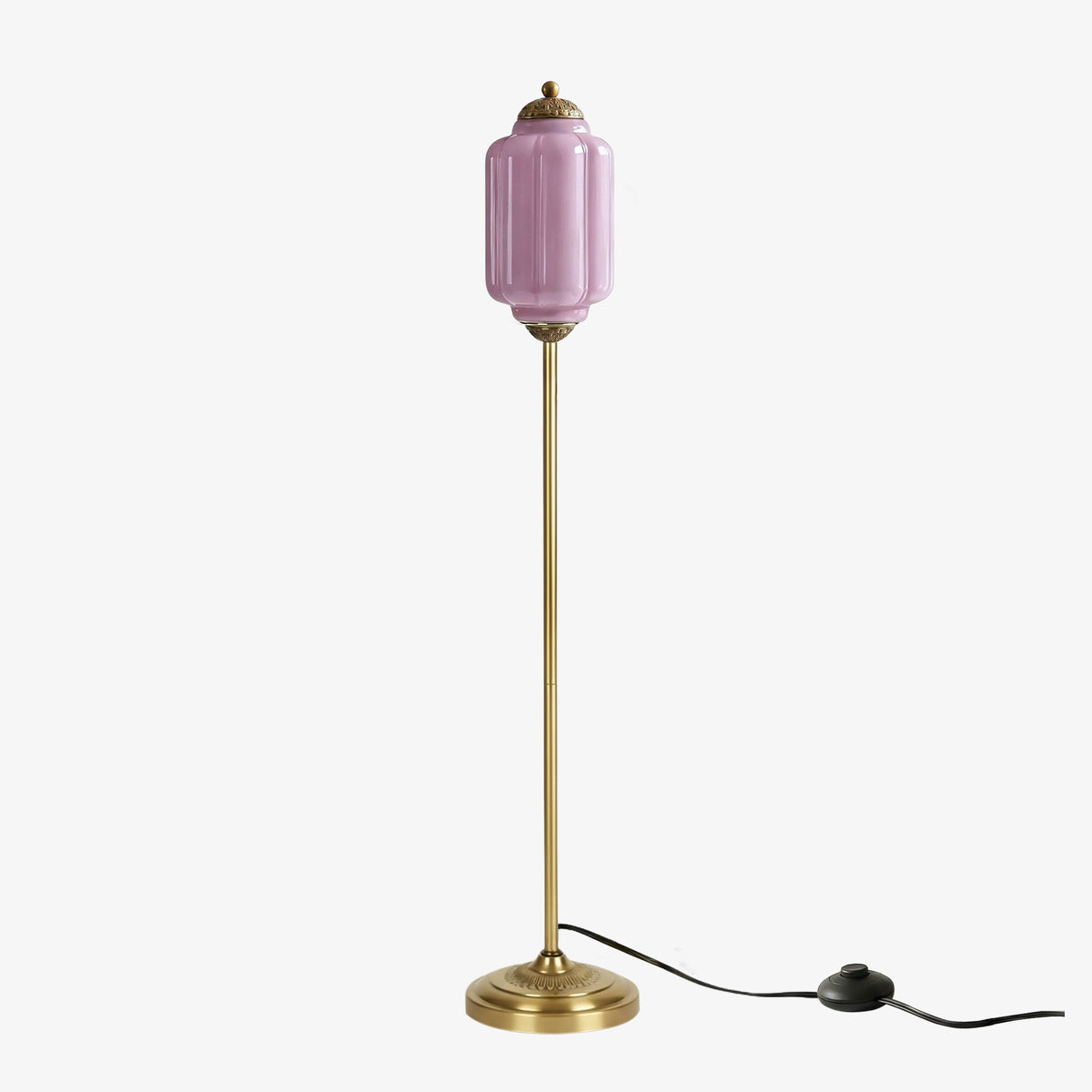 Lámpara de pie retro Tuliana – cristal lavanda y acabado latón, pantalla de 14 cm