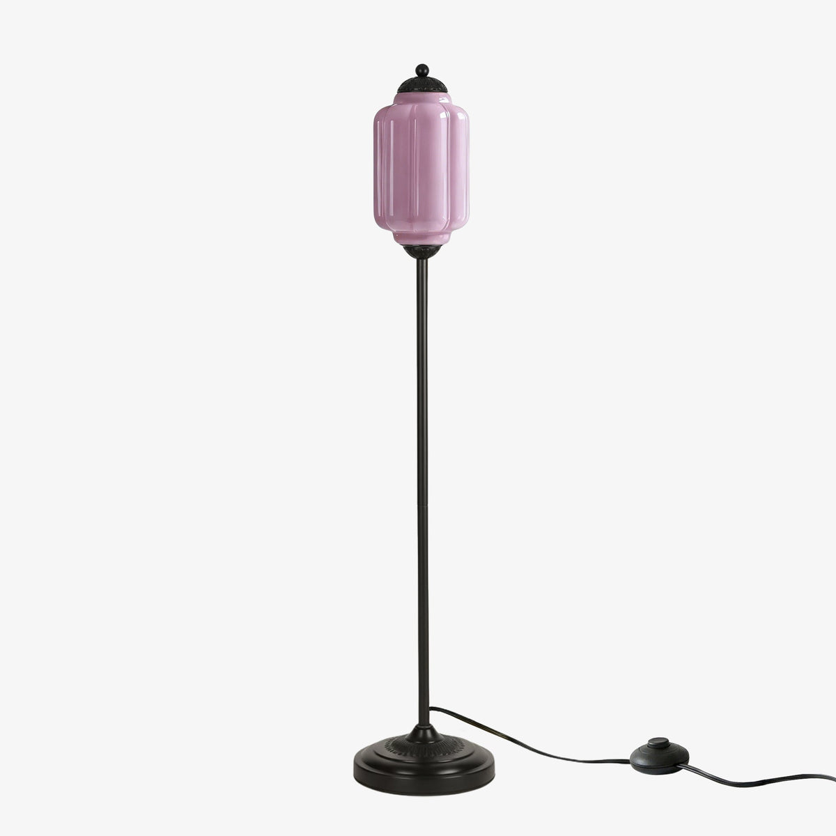 Lámpara de pie retro Tuliana – cristal lavanda y acabado negro, pantalla de 14 cm