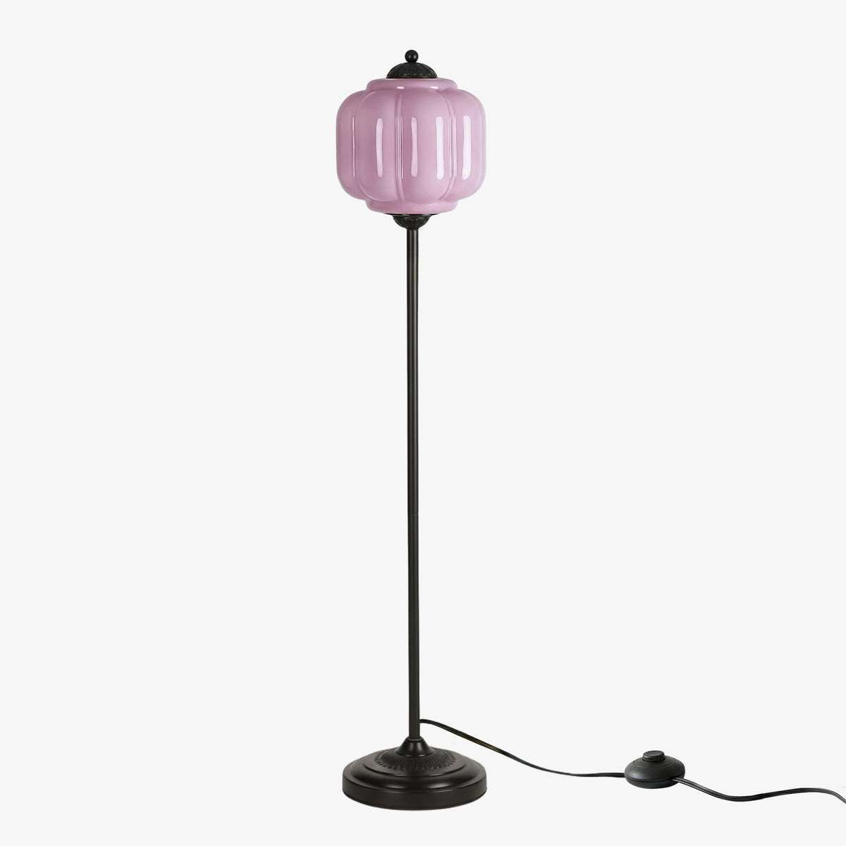 Lámpara de pie retro Tuliana – cristal lavanda y acabado negro, pantalla de 25 cm