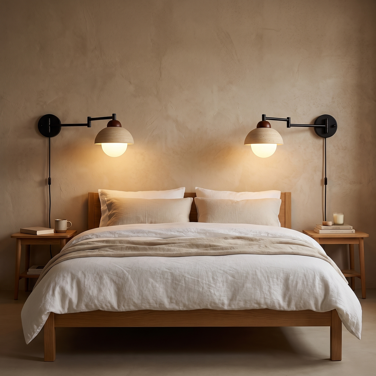 Aplique de pared Xalina con brazo articulado y pantalla de travertino – a ambos lados de la cama