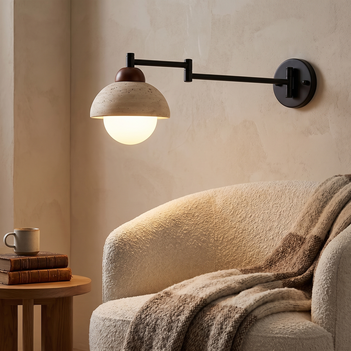 Aplique de pared Xalina con brazo articulado y pantalla de travertino – junto a un sillón de lectura