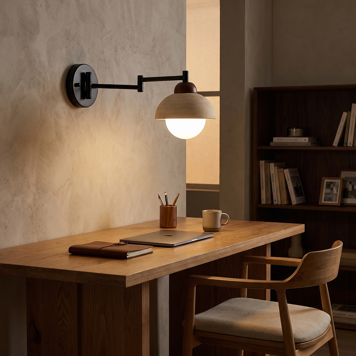 Aplique de pared Xalina con brazo articulado y pantalla de travertino en un dormitorio sereno – imagen 6