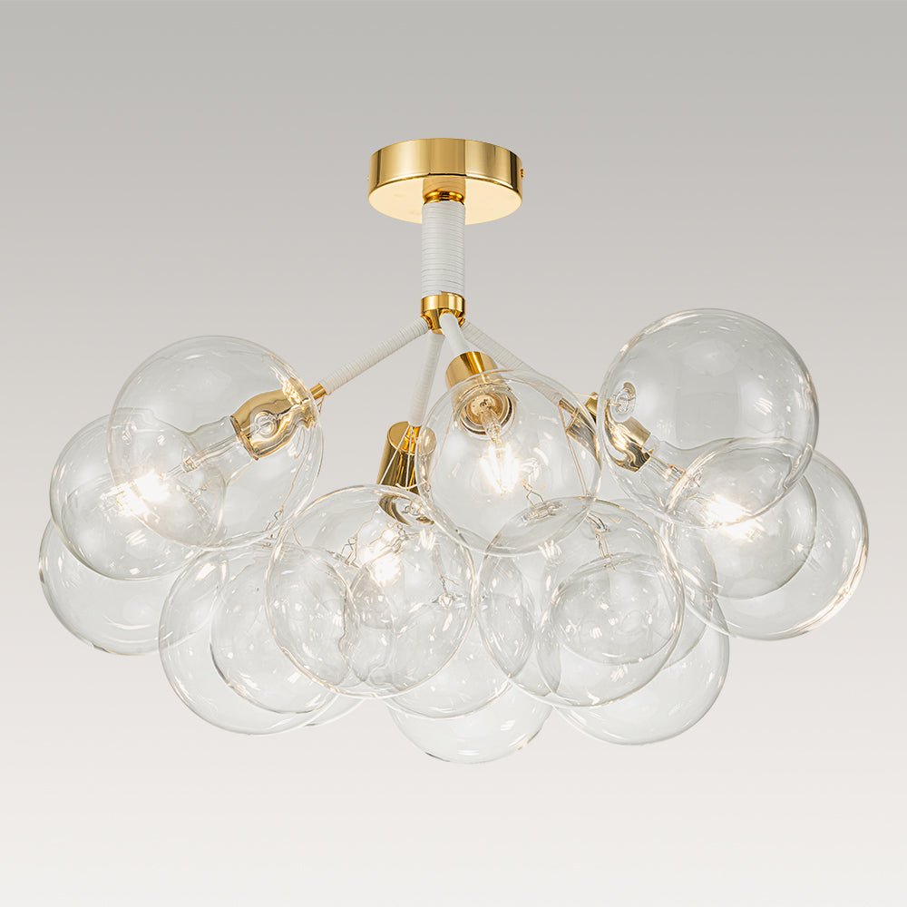 Lámpara araña de bolas de cristal Pompela – blanco y dorado, 12 globos