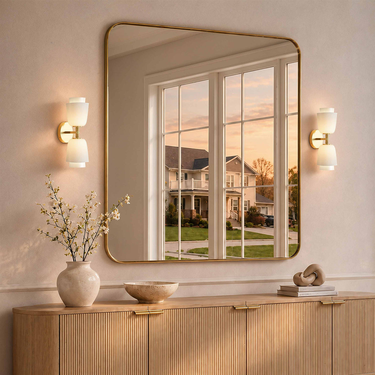 Aplique de pared doble de latón con campanas de cristal Purela – pareja junto a un espejo dorado