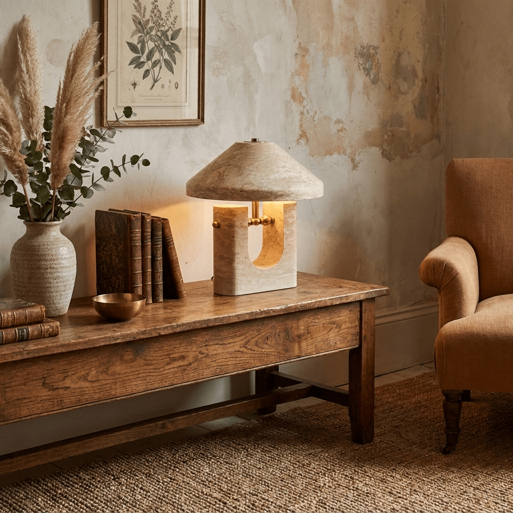 Lámpara de mesa de travertino Mavera sobre una mesa auxiliar de madera – imagen 4