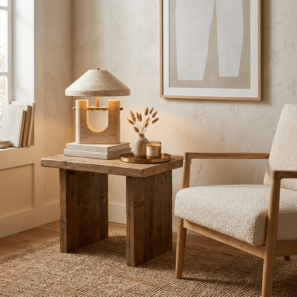 Lámpara de mesa de travertino Mavera sobre una mesa auxiliar de madera – imagen 9