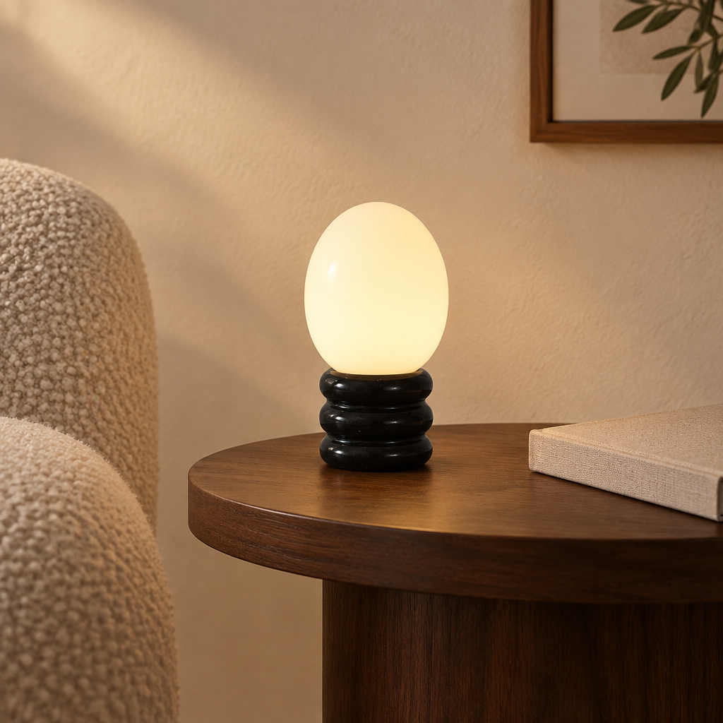 Lámpara de mesa recargable Fabeta con globo opal – base negra junto al sofá