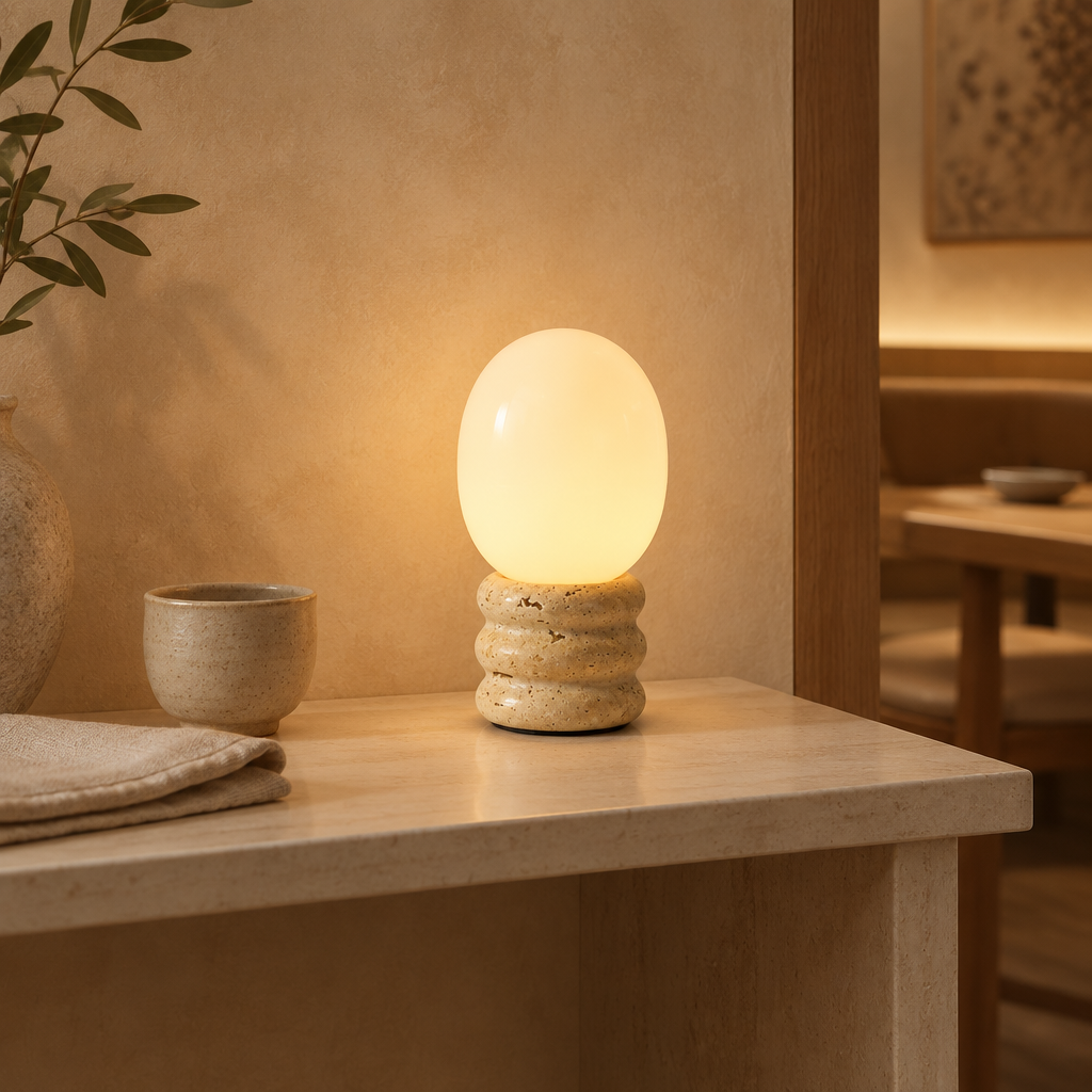Lámpara de mesa recargable Fabeta con globo opal – base de travertino en una consola