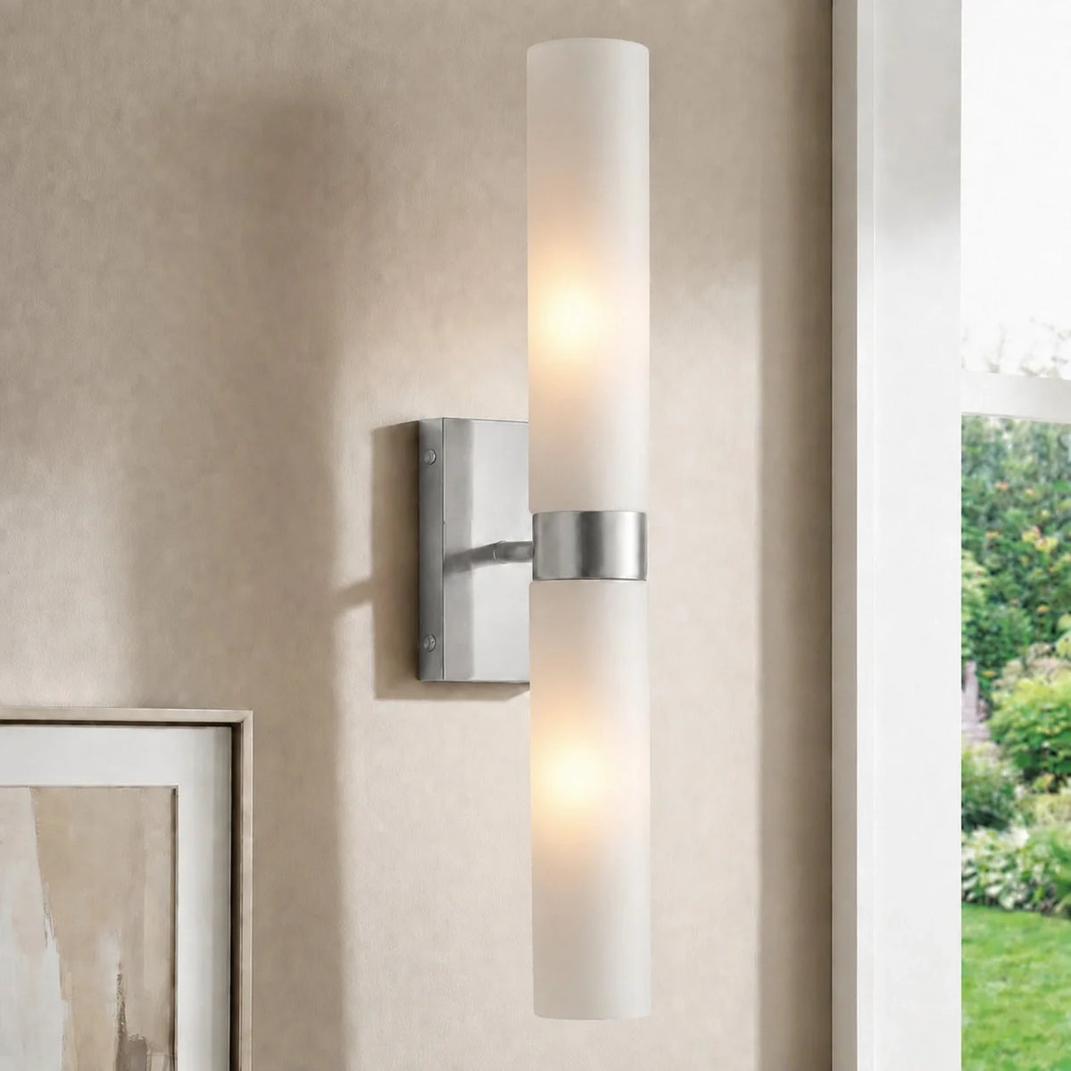 Aplique de pared de doble tubo Melliza – cristal esmerilado, níquel pulido
