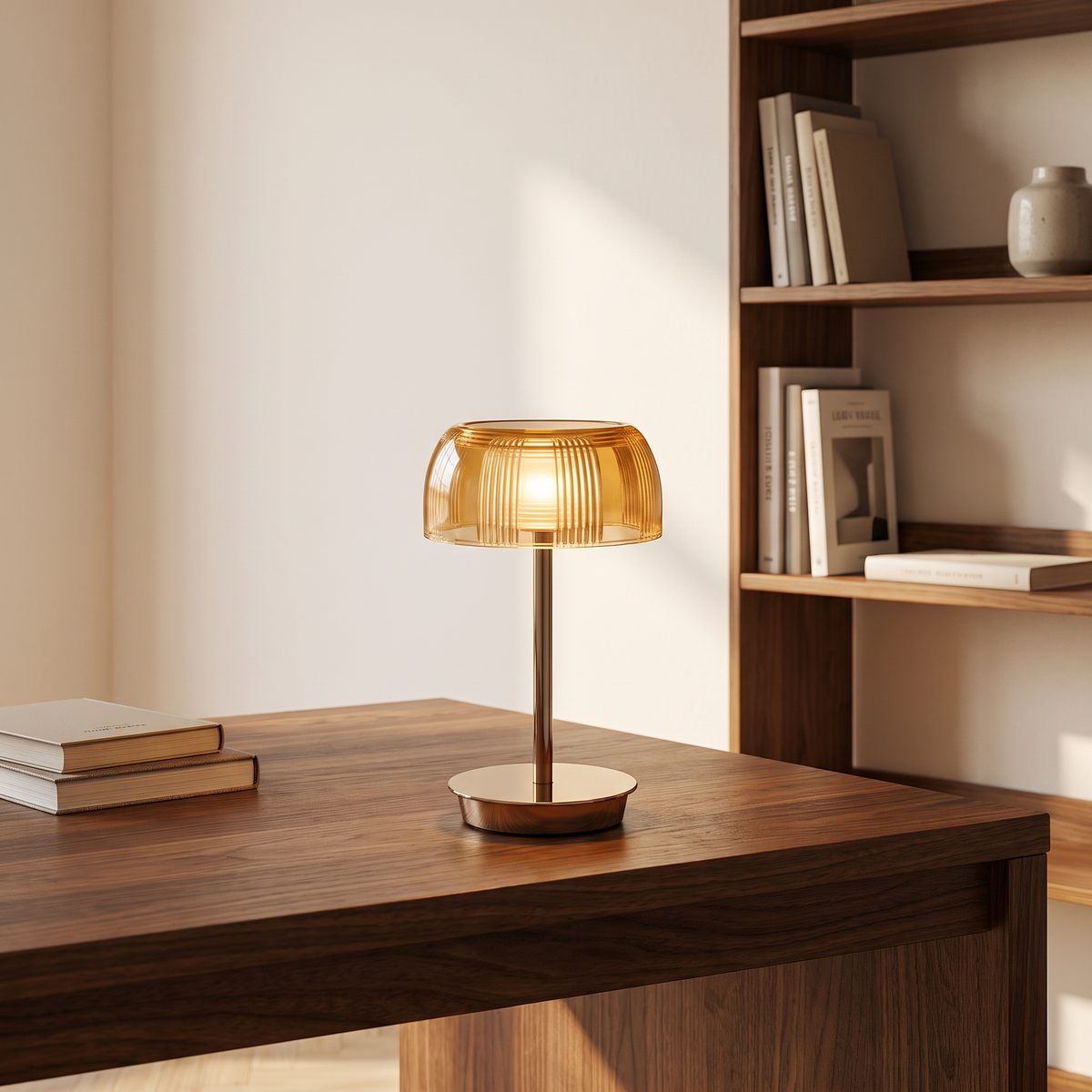 Lámpara de mesa recargable Galmara con pantalla ámbar – en un escritorio de madera