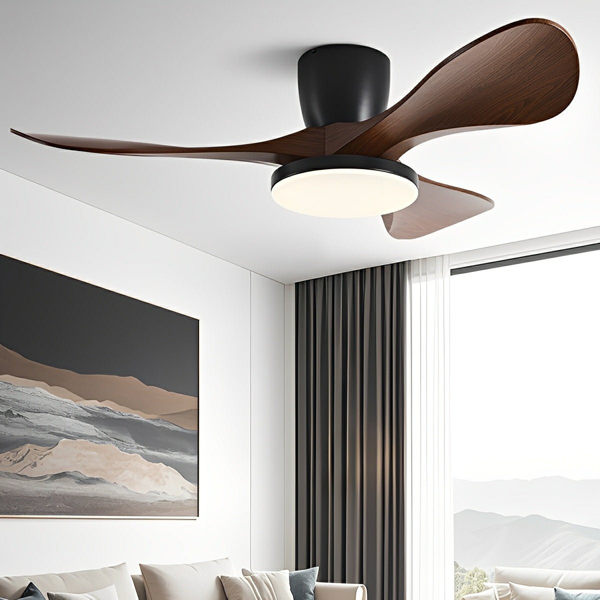 Ventilador de techo con luz Linvela en un salón contemporáneo – imagen 3
