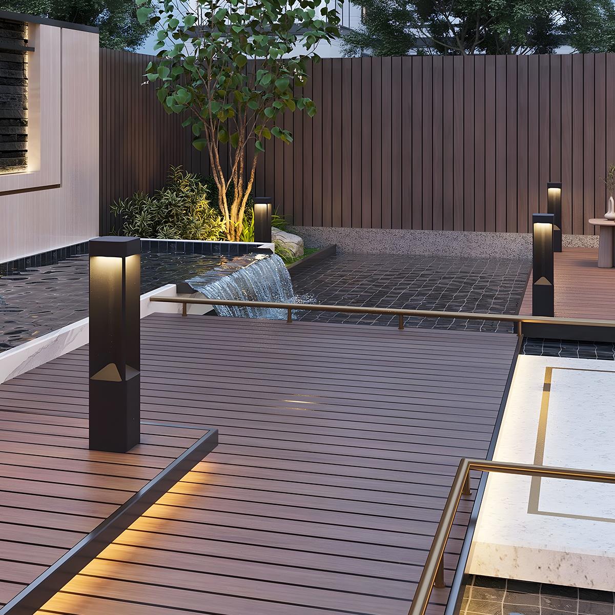 Baliza de jardín LED Ifino – en una terraza con tarima de madera