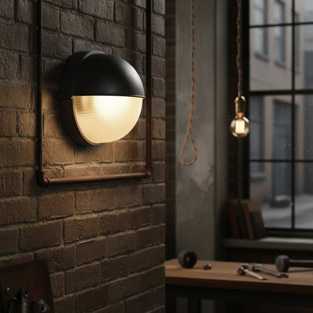Aplique de pared exterior estilo marinero Molara – redondo con visera negro en una pared de ladrillo