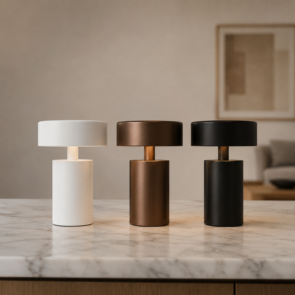 Lámpara de mesa LED recargable Kirena – blanco, marrón y negro juntos