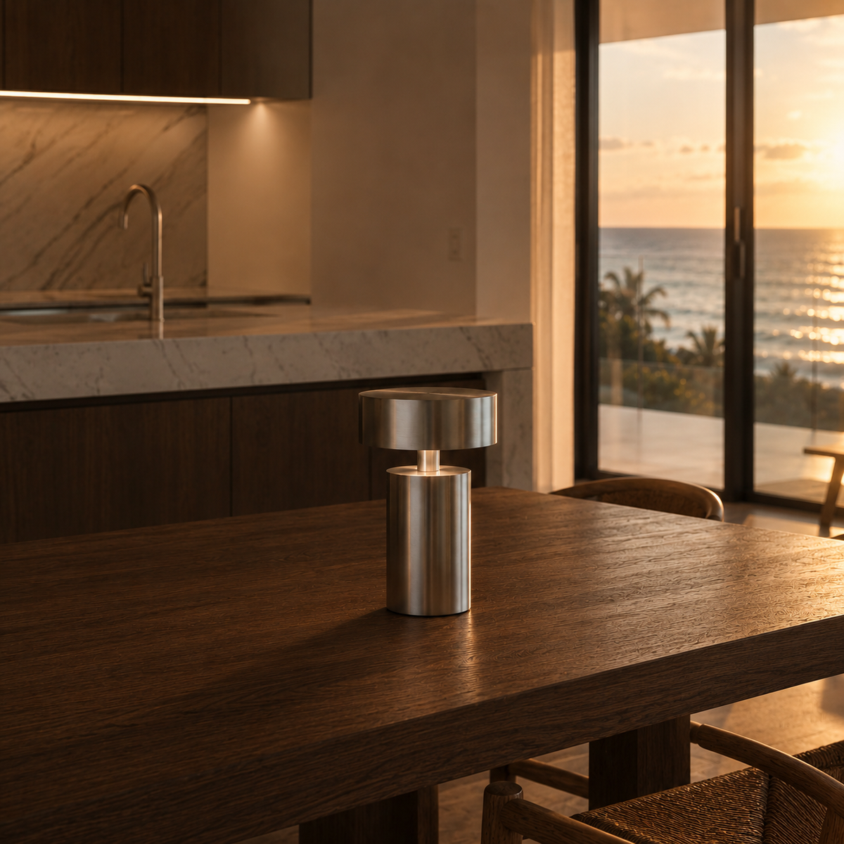 Lámpara de mesa LED recargable Kirena en un interior cálido – imagen 7