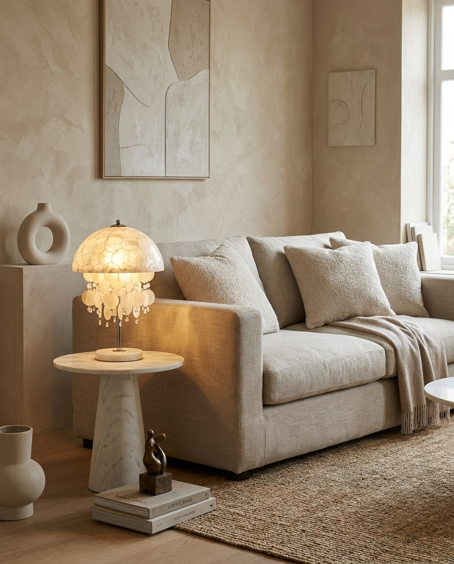 Lámpara de mesa boho de conchas Nacarela – encendida junto a un sofá beige