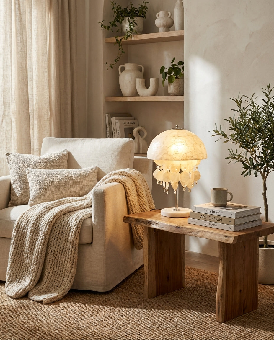 Lámpara de mesa boho de conchas Nacarela sobre una mesita junto al sofá – imagen 8