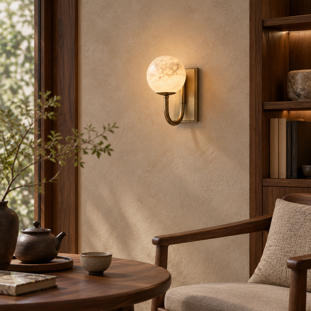 Aplique de pared Yesela con globo de alabastro – en un rincón de lectura con estantería