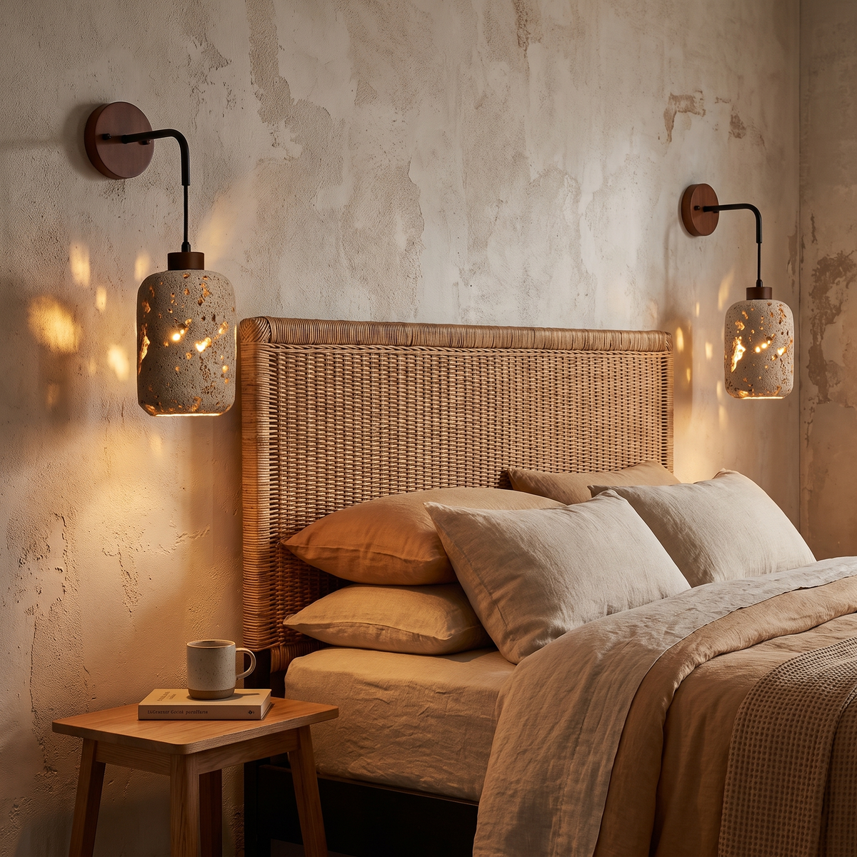 Aplique de pared Uporia de travertino perforado – a ambos lados de la cama